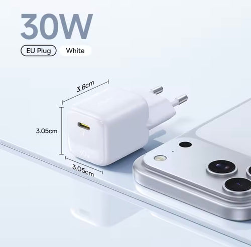 Cargador Baseus 30W GaN PD para iPhone 17 16 15 14 13 12 Max, Cargador Rápido PD3.0 QC3.0, Cargador Tipo C para Teléfonos y Tabletas